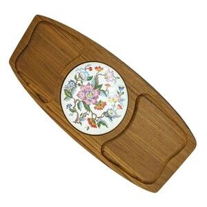 Genuine Teak Wood Serving Tray  Cheese Board Floral Ceramic Tile Insert Vintage